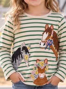 Mini Boden Green & Cream Striped Long-Sleeve Top with Horse Appliqués